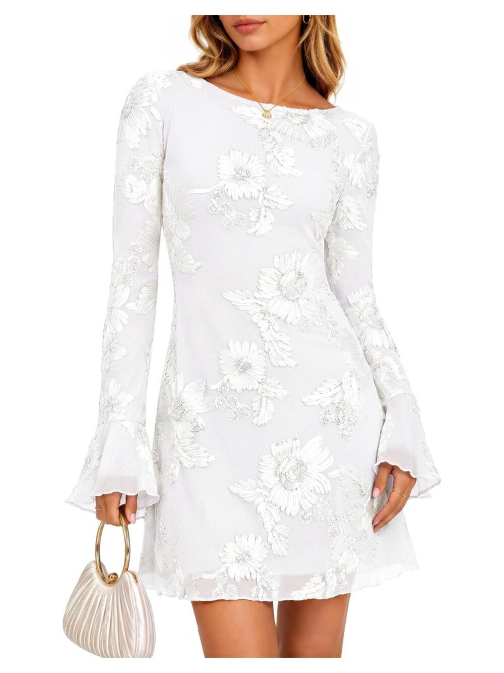 Womens 3D Floral Mesh Mini Dress Ruffled Long Sleeve Wedding Guest Cocktail